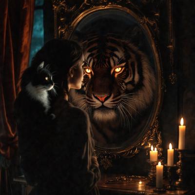 The primary subject of the image is a woman standing in front of a mirror. The setting is a room with a table and a candle. The visual style is a photo, and the colors and mood are dark and mysterious.